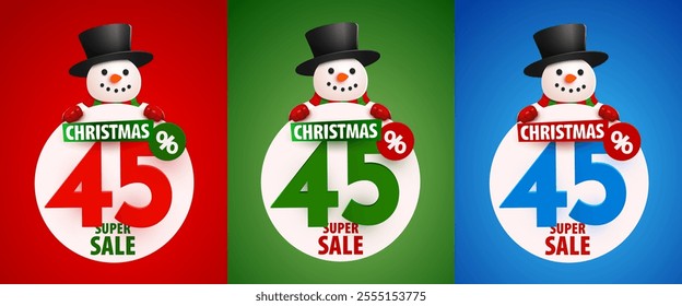 45 percent Off. Discount creative composition with snowman in hat. Merry Christmas and Happy New Year. Sale banner set. Vector illustration.