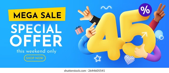 45 percent Off. Discount creative composition with happy hands Sale banner and poster. Vector illustration.
