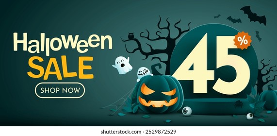 45 por ciento de descuento. Plantilla de Anuncio de venta de Halloween. Podio y números con cantidad de descuento. Oferta especial de octubre. Ilustración vectorial.