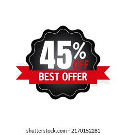 45% percent off, offer, with red banner design and black discount sticker, mega sale, vector illustration