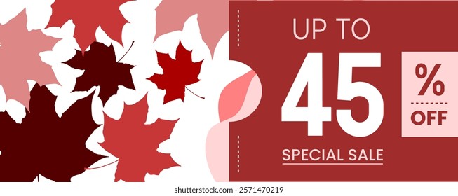 45% percent off red special sale autumn dry leaf banner, up to, modern, fashion, flat, nature, abstract