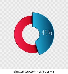 45 percent pie chart isolated on transparent. Percentage vector symbol, infographic blue red gradient icon. Circle sign for business, finance, web design, download, progress