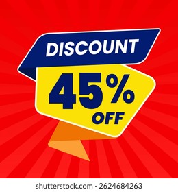 45 Percent Promotional Discount Banner Design with Yellow Balloon and Red Background for Sales, Offers, and Marketing Promotions
