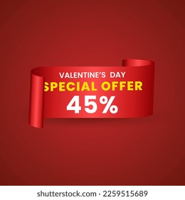45 por ciento rojo elegante plantilla de banner de venta para el Día de San Valentín con una cinta roja realista de desplazamiento, una flecha y brillantes corazones rojos. Fondo rojo del vector