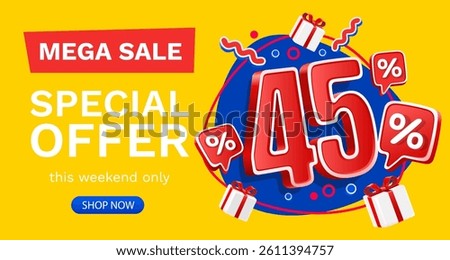 45 percent Special offer mega sale, Check and gift box. Sale banner and poster. Vector illustration.