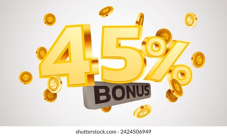 45 percents bonus. Falling golden coins. Cashback or prize concept. Vector illustration