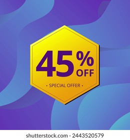 45% Sale and Discount Label. Forty five percent Sale Discount label Geometric design. Abstract Blue and Yellow Hexagon. Vector illustration.