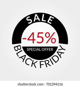 45% sale tag or discount icon. Save 45 percent of price. Black Friday design template.  Vector illustration.