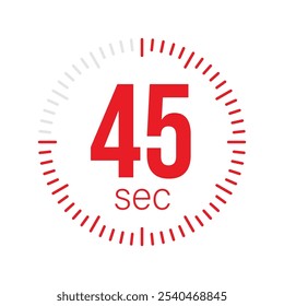 45 segundos Timer, relógio, cronômetro ícones isolados. Símbolo de timer de contagem regressiva. Hora de cozimento do rótulo. Segundo temporizador, Medida de tempo, Cronômetro, Alarme, Temporizador de cozinha, etiqueta, adesivo, selo. Ilustração vetorial