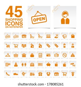 45 Shopping Icons on Notepaper.