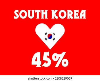 
45% South Korea sign label vector art illustration with white font, blue color, and red background with heart shape.