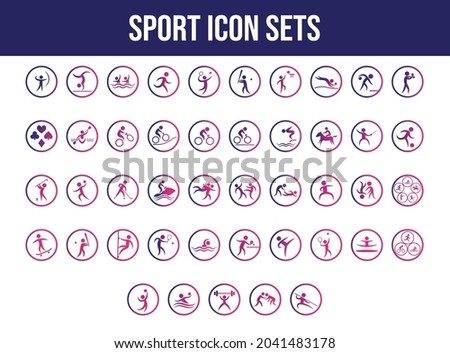 45 Sports Icon Vector Set. Asian Games Sports Category. Athlete doing Sport Art Symbol in editable gradient color. Gymnastic, Baseball, Boxing, Hockey, Tennis, Taekwondo, Wrestling Wushu,etc