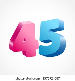 45 th anniversary numbers. 45 years old coloured logotype. Age congrats, congratulation idea. Isolated abstract graphic design template. Creative 4, 5 3D digits. Up to 45%, -45% percent off discount.