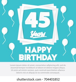 45 th birthday celebration greeting card paper art style design, birthday invitation poster background with balloon. forty five anniversary celebrations blue color