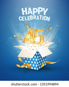 45 th years anniversary and open gift box with explosions confetti. Isolated design element. Template forty fifth birthday celebration on blue background vector Illustration