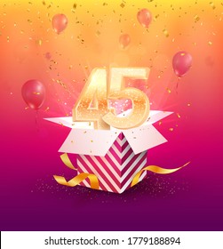 45 th years anniversary vector design element. Isolated Forty five years jubilee with gift box, balloons and confetti on a bright background. 