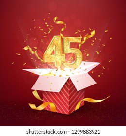 45 th years number anniversary and open gift box with explosions confetti isolated design element. Template forty five birthday celebration on red background vector Illustration.