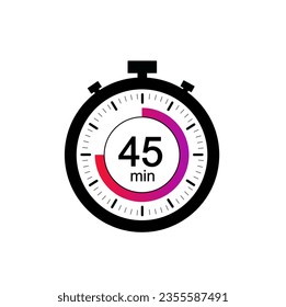 45 timer minutes symbol, 45 min timer clock icon flat design isolated on white background.