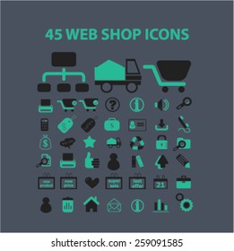 45 web shop, retail, commerce, marketing, sales icons, signs, illustrations concept design set, vector