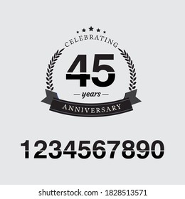 45 year anniversary celebration emblem. anniversary logo label, black and white stamp isolated, vector illustration template design for celebration greeting card and invitation card