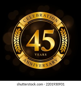 45 Year Anniversary celebration template design, with shiny ring and gold ribbon, laurel wreath isolated on black background, logo vector