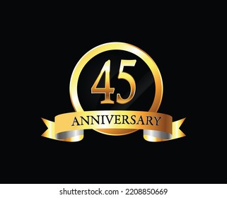 45 Year Anniversary celebration Vector Design with ring and ribbon. 45th Anniversary celebration. Gold Luxury Banner of 45th Anniversary celebration. forty-fifth celebration card. Vector anniversary