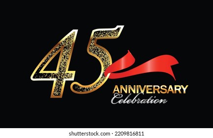 45 Year Anniversary celebration Vector Design with red ribbon and glitter. 45th Anniversary celebration. Gold Luxury Banner of 45th Anniversary. forty-fifth celebration card