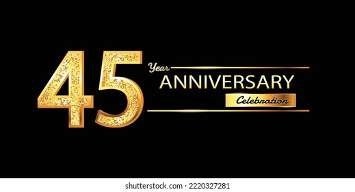 45 Year Anniversary celebration Vector Design. 45th Anniversary celebration. Gold Luxury Banner of 45th Anniversary celebration with glitter 3D. Vector anniversary