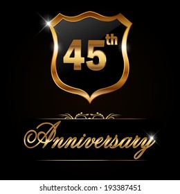 45 year anniversary golden label, 45th anniversary decorative golden emblem - vector illustration 
