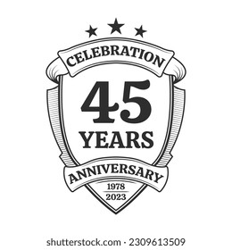 45 year anniversary icon or logo. 45th yubilee celebration, business company birthday badge or label. Vintage banner with shield and ribbon. Wedding, invitation design element. Vector illustration.