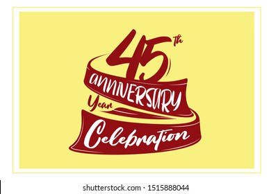 45 year anniversary Red Ribbon, minimalist logo, greeting card. Birthday invitation. 45 year sign. Red space vector illustration on yellow background - Vector