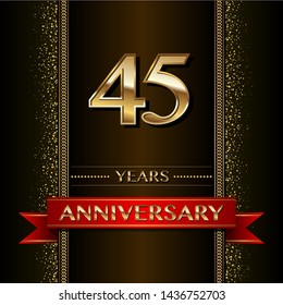 45 years Anniversary Celebrating golden text and confetti on black background. Vector template.