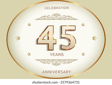  45 years anniversary celebration, greeting card, festive background with jubilee numerals in golden oval frame with stars and pattern. Vector illustration