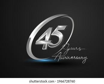 45 Years Anniversary Celebration. Anniversary logo with ring and elegance silver color isolated on black background, vector design for celebration, invitation card, and greeting card