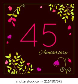 45 years anniversary celebration. Logo  on black background. Vector illustration for invitation card, celebration, greeting card, cover, label, flyer.