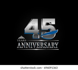 45 years anniversary celebration logotype. anniversary logo with silver color and blue wing isolated on black background, vector design for celebration, invitation card, and greeting card