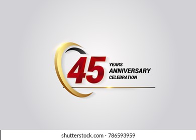 45 Years Anniversary Celebration Logotype. Red Elegant Vector Illustration with Gold Swoosh, Isolated on Black Background can be use for Celebration, Invitation, and Greeting card