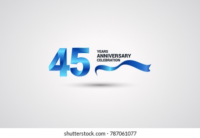 45 Years Anniversary celebration logotype colored with shiny blue, using ribbon and isolated on white background