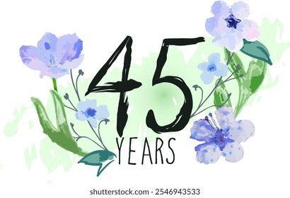 Celebración del aniversario de 45 años con diseño floral de acuarela sobre fondo blanco. Diseño creativo para el jubileo, feliz cumpleaños, boda, ceremonia, fiesta del acontecimiento, matrimonio, y tarjeta de felicitación.