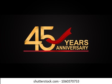 45 years anniversary design with red ribbon and golden color isolated on black background