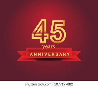 45 years anniversary design with red ribbon and golden color isolated on red background, Design for anniversary celebration.
