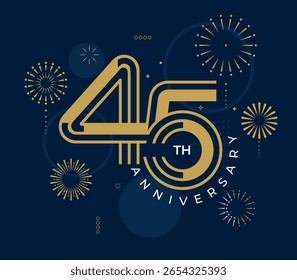 45 anos de aniversário com fogos de artifício design vetor ilustração. Modelo de design de logotipo exclusivo de 45 anos. Em cor dourada e azul.