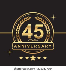 45 years anniversary golden color with circle ring and stars isolated on black background for anniversary celebration event luxury gold premium vector