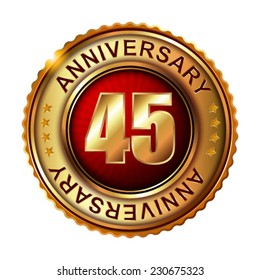 45 years anniversary golden label. Vector illustration.