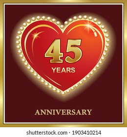 45 years anniversary, greeting card, icon, logo, banner. Vector design with heart shape on red background for 45th birthday