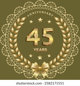 45 years anniversary, greeting card, festive background with golden jubilee numerals and laurel wreath with stars in a round openwork frame. Happy 45th birthday. Vector illustration