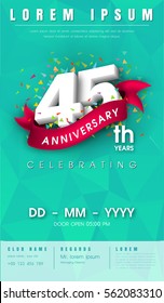 45 years anniversary invitation card or emblem - celebration template design , 45th anniversary modern design elements with background polygon and pink ribbon - vector illustration