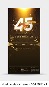 45 years anniversary invitation card - shiny gold celebration template design ,vector illustration