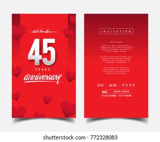 45 Years Anniversary Invitation/Greeting Card with Flat Design and Elegant, Isolated on Red Background. Vector illustration.