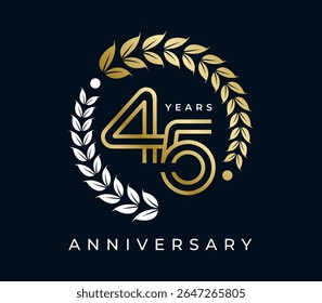45 Years Anniversary with laurel wreath design vector illustration. Unique 45 years logo design template. In gold color